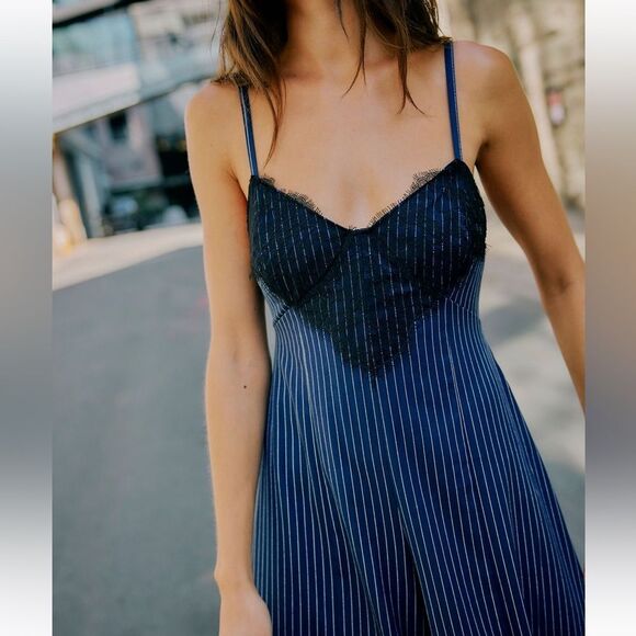Free People Ava Pinstripe One Piece Jumpsuit in Blue Combo - Picture 3 of 7